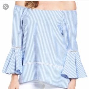 Pleione Off The Shoulder Bell Poplin Striped Top
